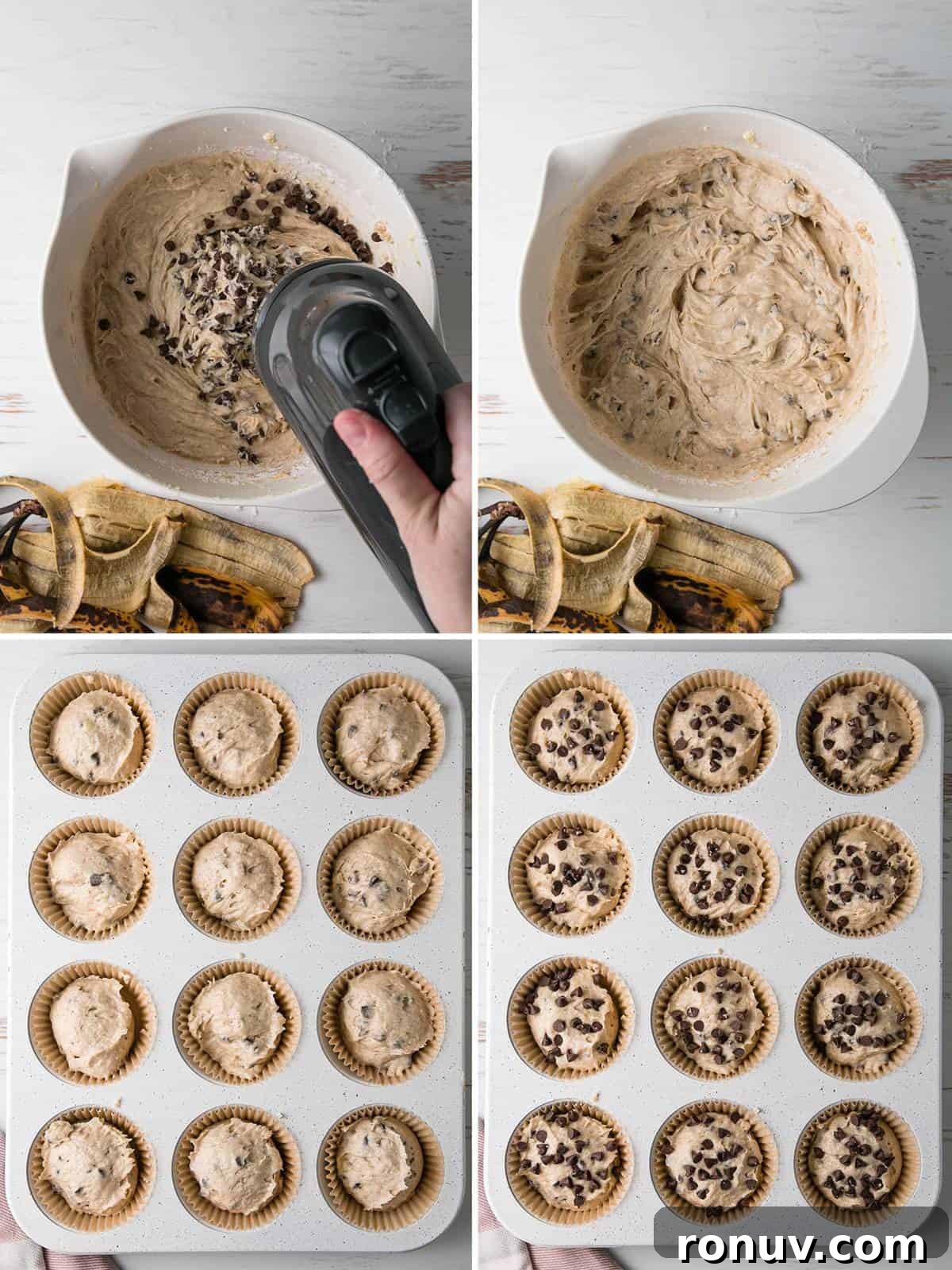 Gluten-Free Banana Muffins with Chocolate Chips 6 Stirring in chocolate chips and scooping into muffin tins.