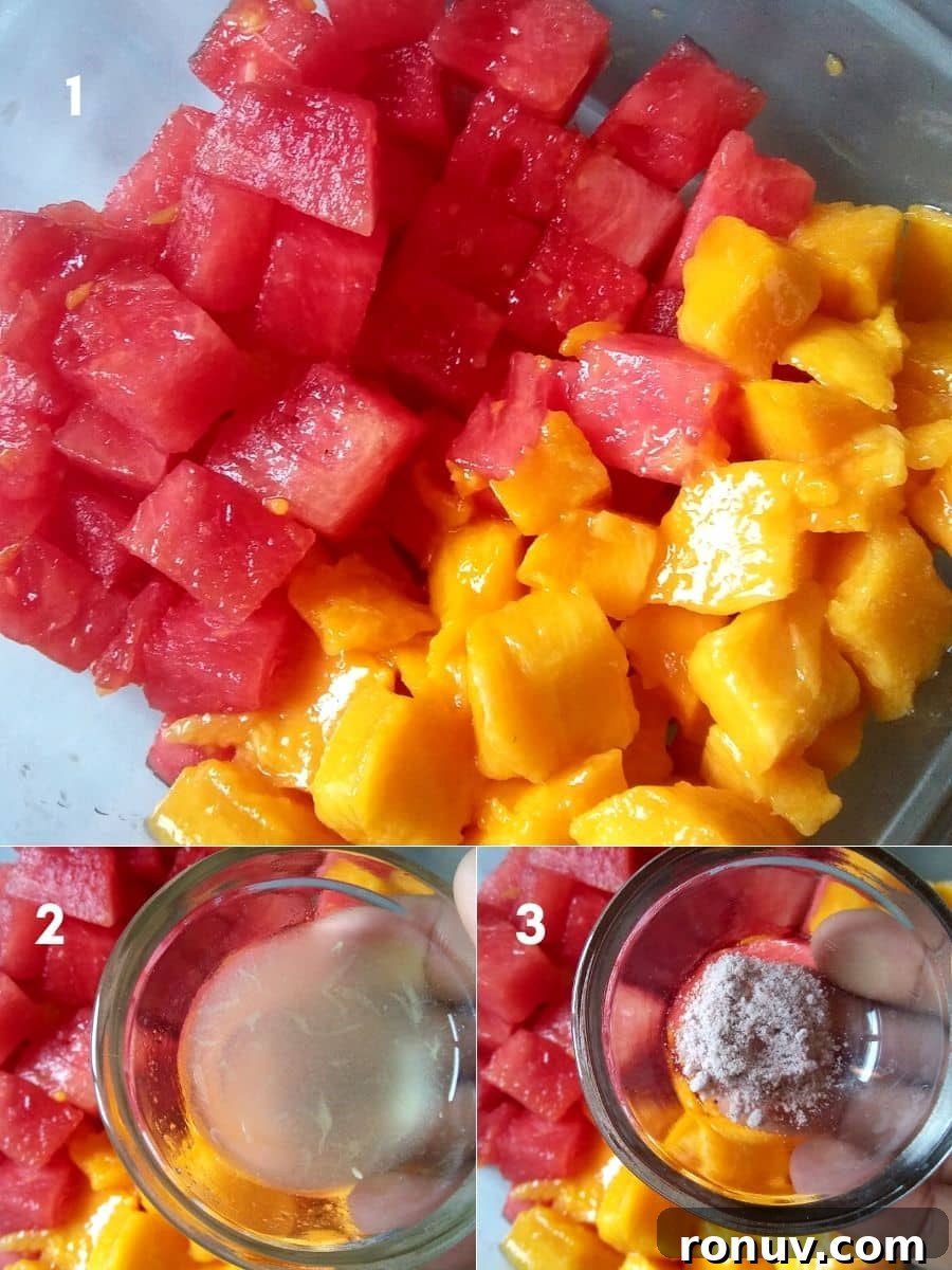 Watermelon and Mango Salad Recipe with Mint and Lime 3 Watermelon Mango Salad Making Steps