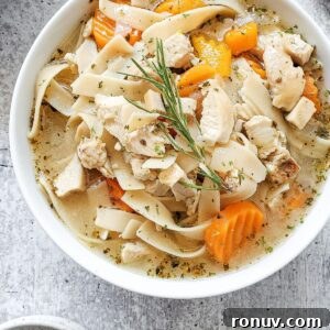 Rotisserie Chicken Noodle Soup Recipe with Herb Broth 4 a bowl of chicken noodle soup