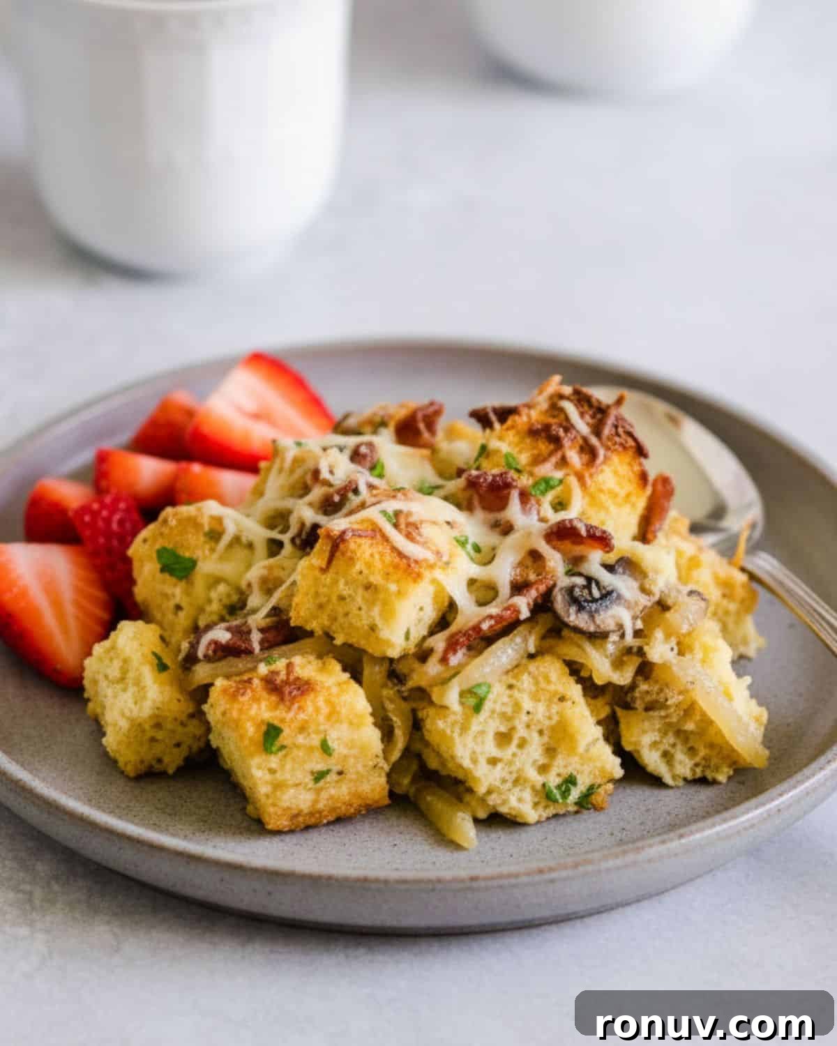 Overnight Bacon and Egg Strata Recipe 8 A serving of bacon strata on a plate with coffee in the background.