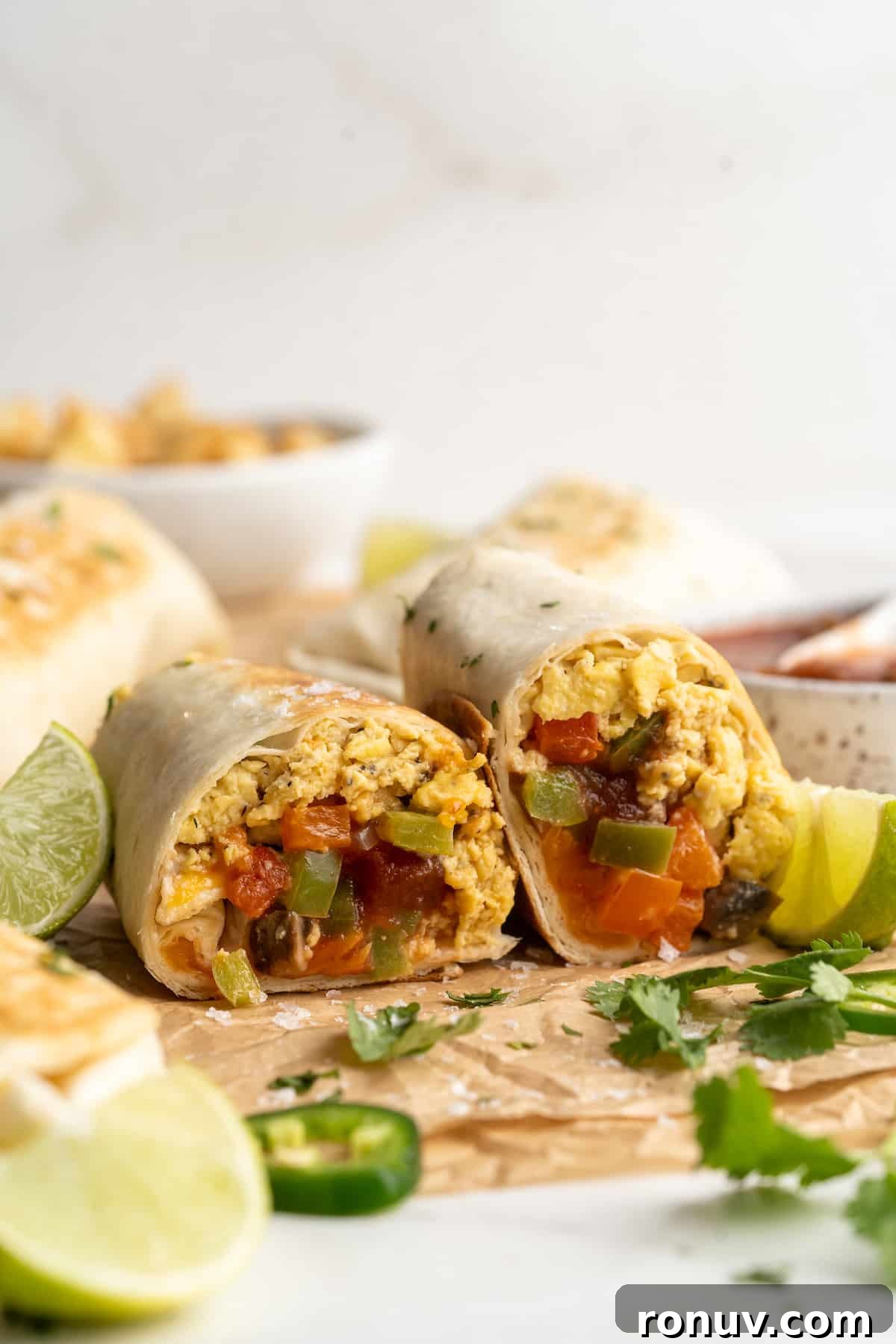 Freezer-friendly vegan breakfast burritos have everything you need for a complete breakfast, plus Tex-Mex flavours to make them delicious! Halved vegan breakfast burrito