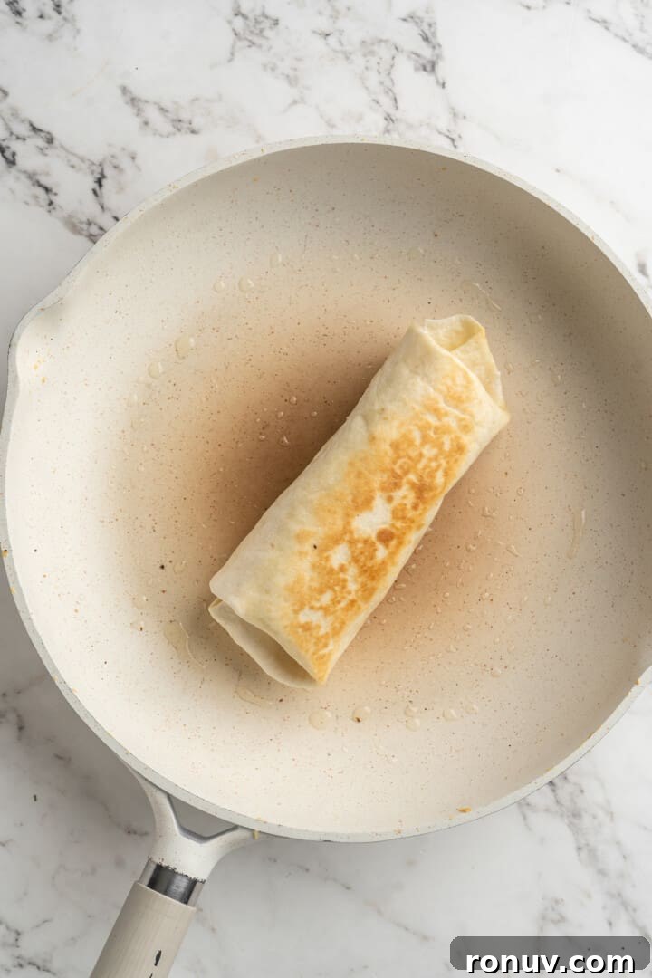 Toasted vegan burrito Overhead view of toasted vegan breakfast burrito in skillet