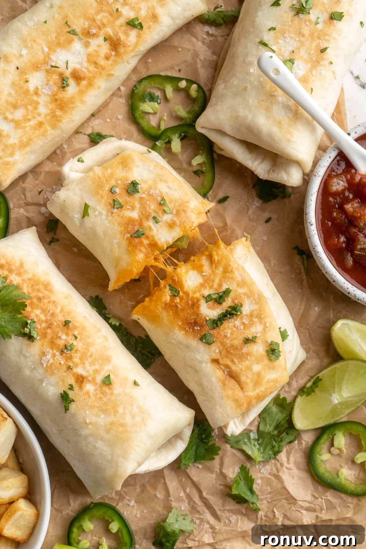 Vegan breakfast burritos, with one cut in half Vegan breakfast burritos, with one cut in half