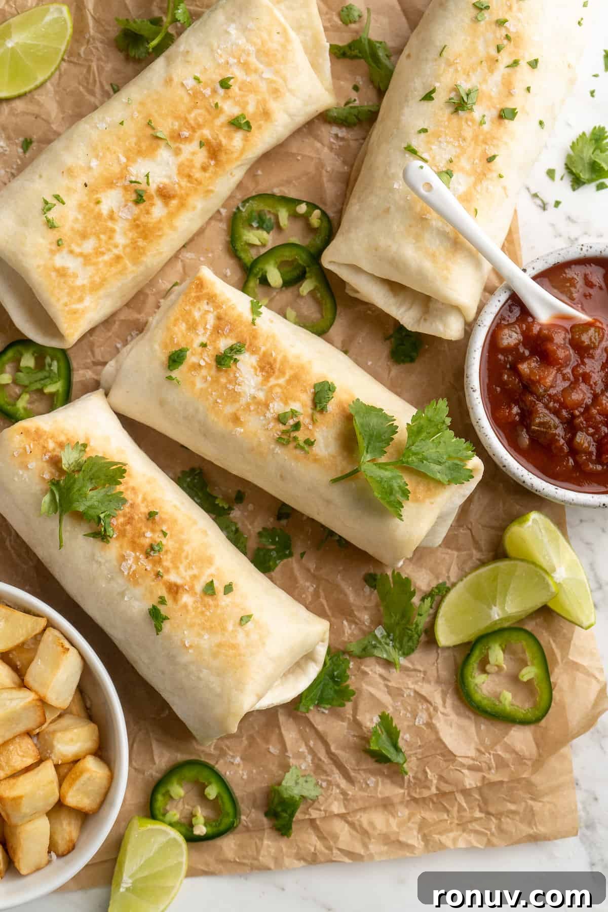 Freezer-friendly vegan breakfast burritos have everything you need for a complete breakfast, plus Tex-Mex flavours to make them delicious! Overhead view of vegan breakfast burritos