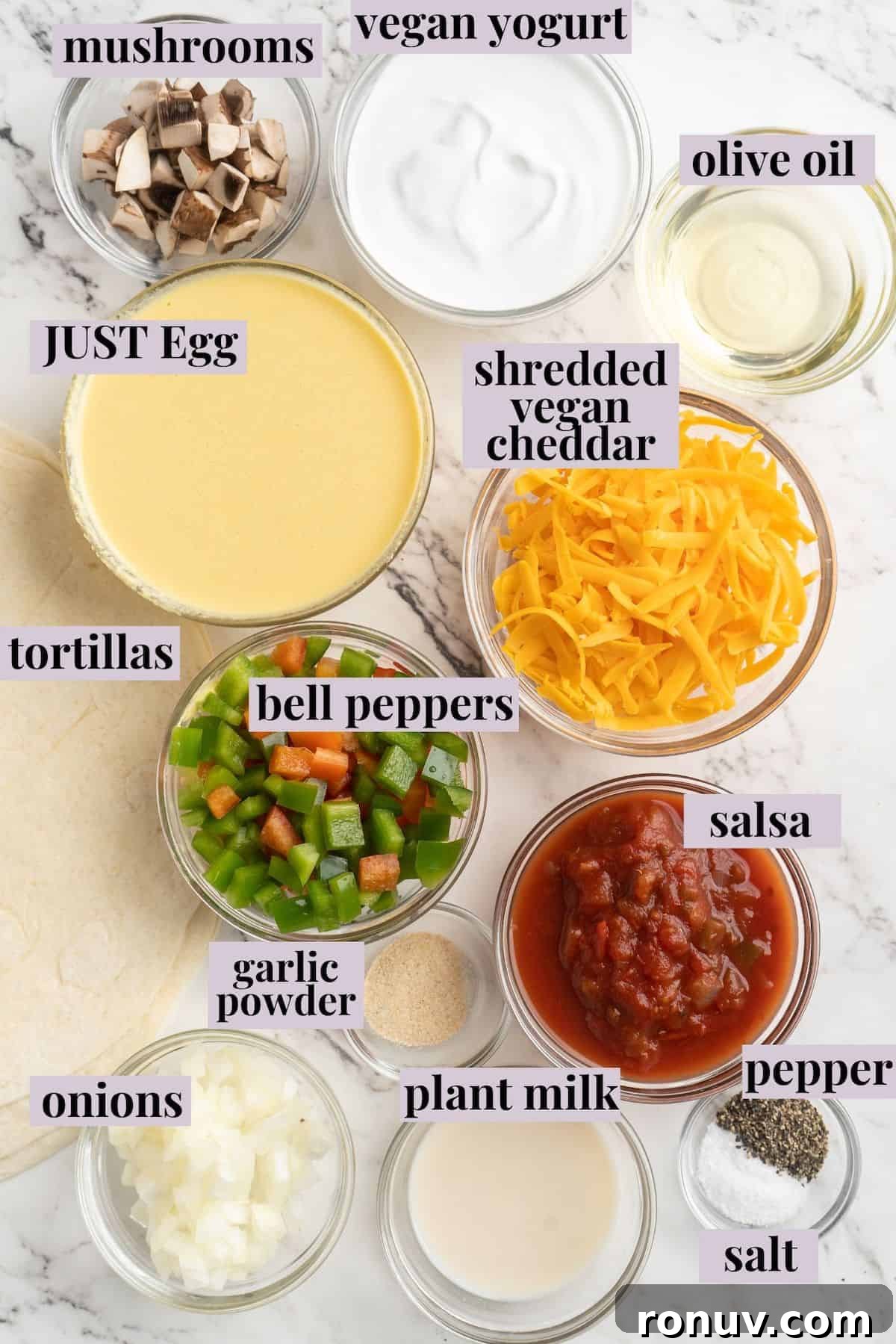 Freezer-friendly vegan breakfast burritos have everything you need for a complete breakfast, plus Tex-Mex flavours to make them delicious! Overhead view of ingredients for vegan breakfast burritos with labels