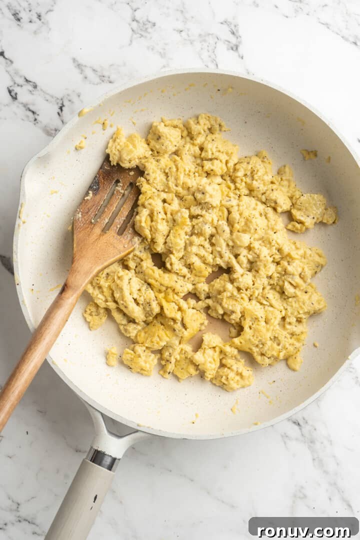 Vegan scramble in skillet Overhead view of vegan egg scramble in skillet