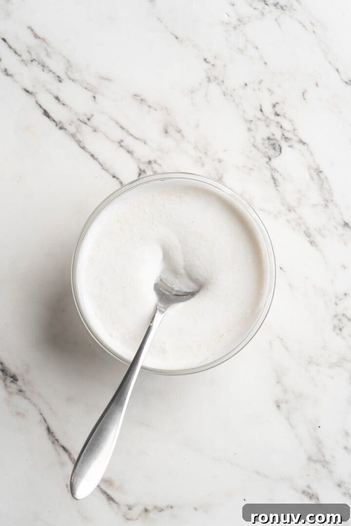 Vegan yogurt crema Overhead view of vegan yogurt mixture in bowl with spoon