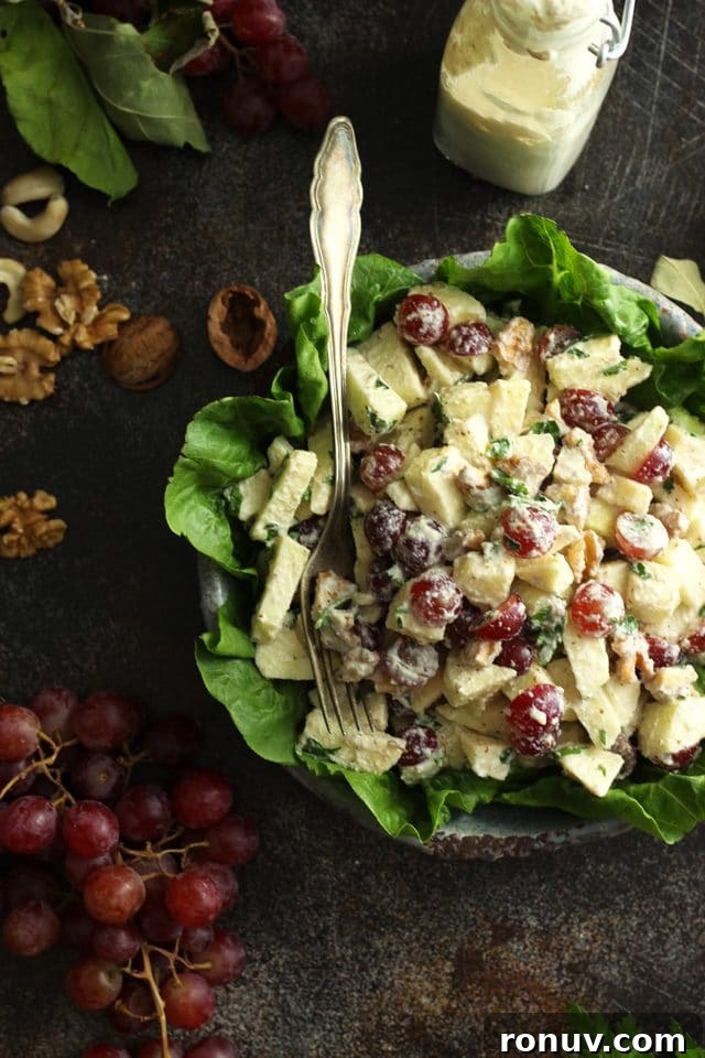 Vegan Waldorf Salad Recipe with Apples, Celery and Walnuts 2 Healthy Vegan Waldorf Salad Recipe - Overhead Shot with Walnuts and Grapes around the Plate