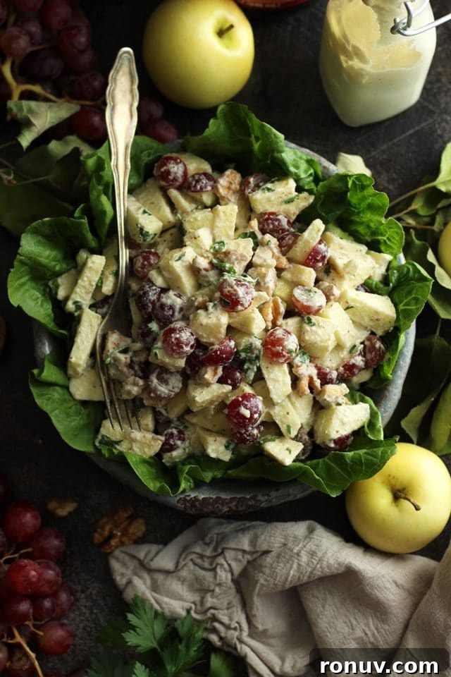Vegan Waldorf Salad Recipe with Apples, Celery and Walnuts 7 Healthy Vegan Waldorf Salad Recipe - Overhead Shot with Walnuts and Grapes around the Plate