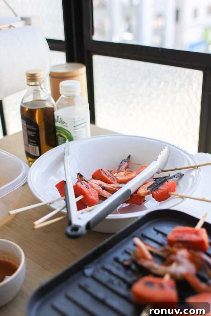 Serving of papaya lime shrimp skewers