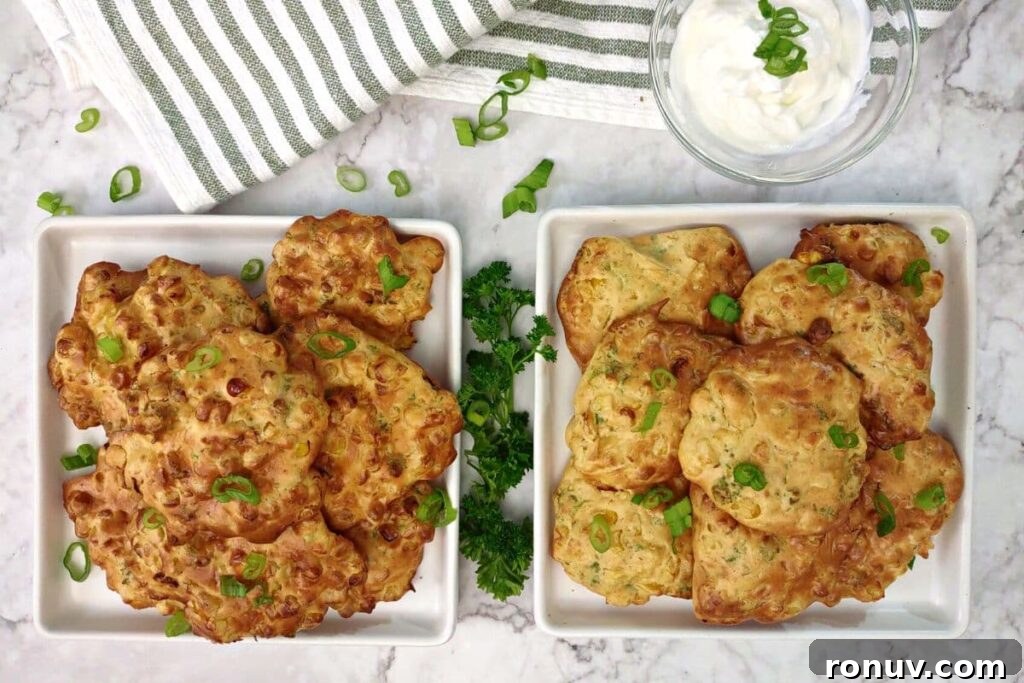 Air Fryer Corn Fritters: Crispy Summer Snack Recipe 11 overhead view of two plates filled with air fryer corn fritters