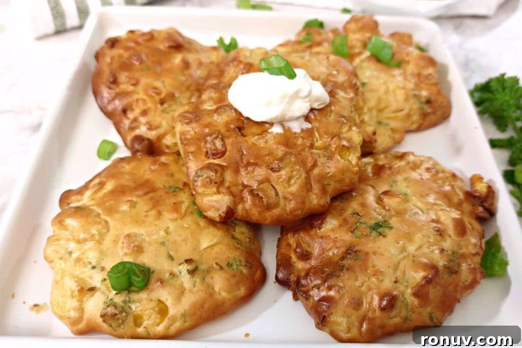Air Fryer Corn Fritters: Crispy Summer Snack Recipe 12 air fryer corn fritters stacked up with sour cream on top