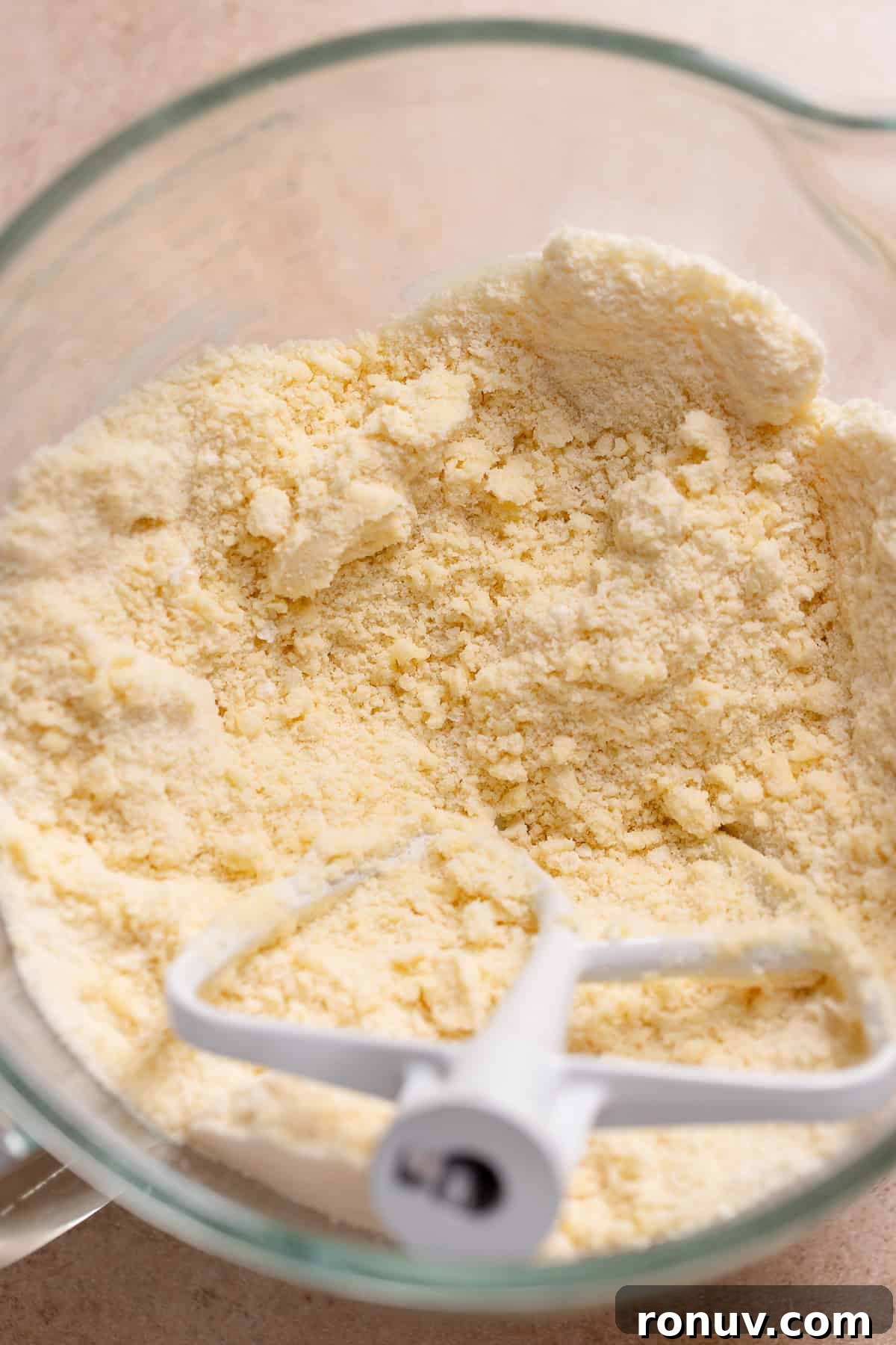 Homemade Funfetti Cake That Beats the Bakery 3 A stand mixer bowl with the dry ingredients and butter mixed to a sandy texture.