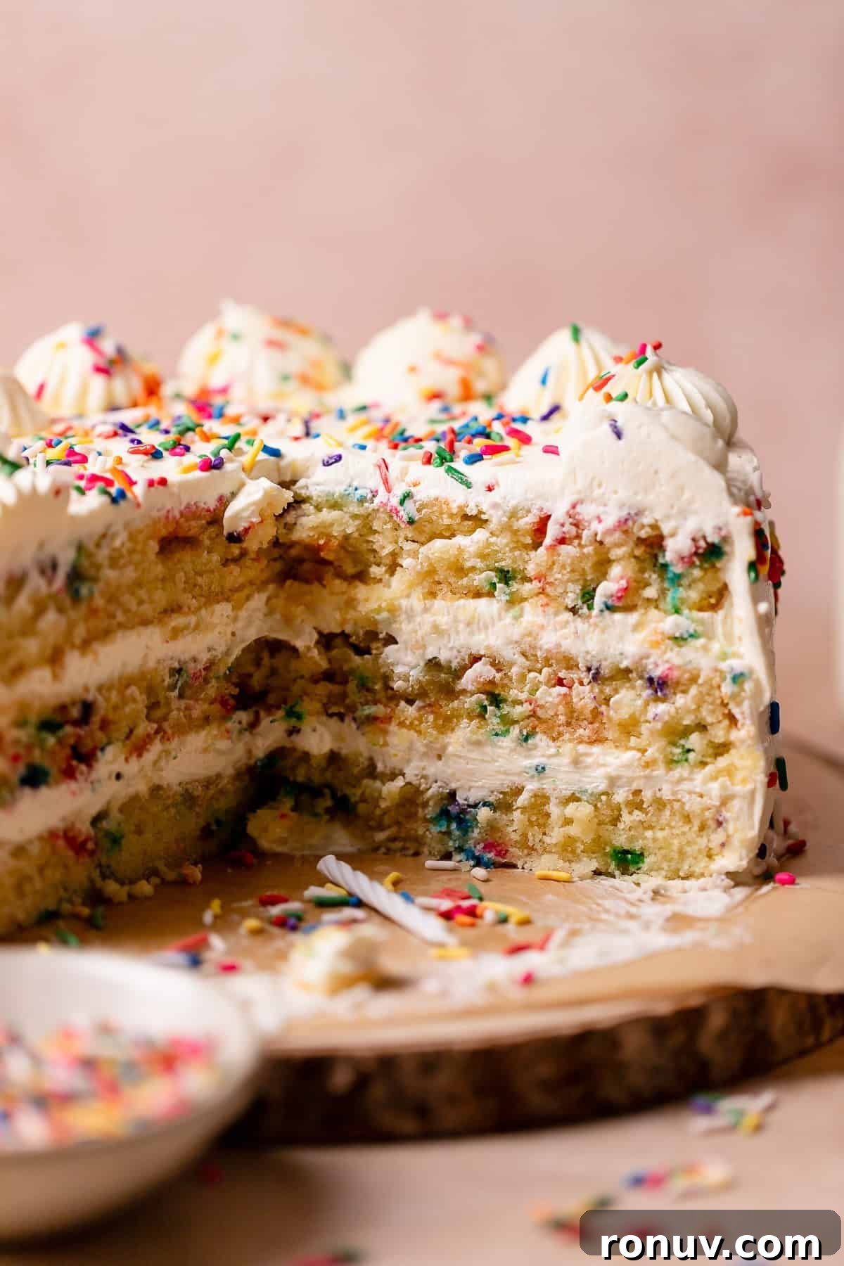 Homemade Funfetti Cake That Beats the Bakery 9 Funfetti cake with rainbow sprinkles on a cake stand missing slices.