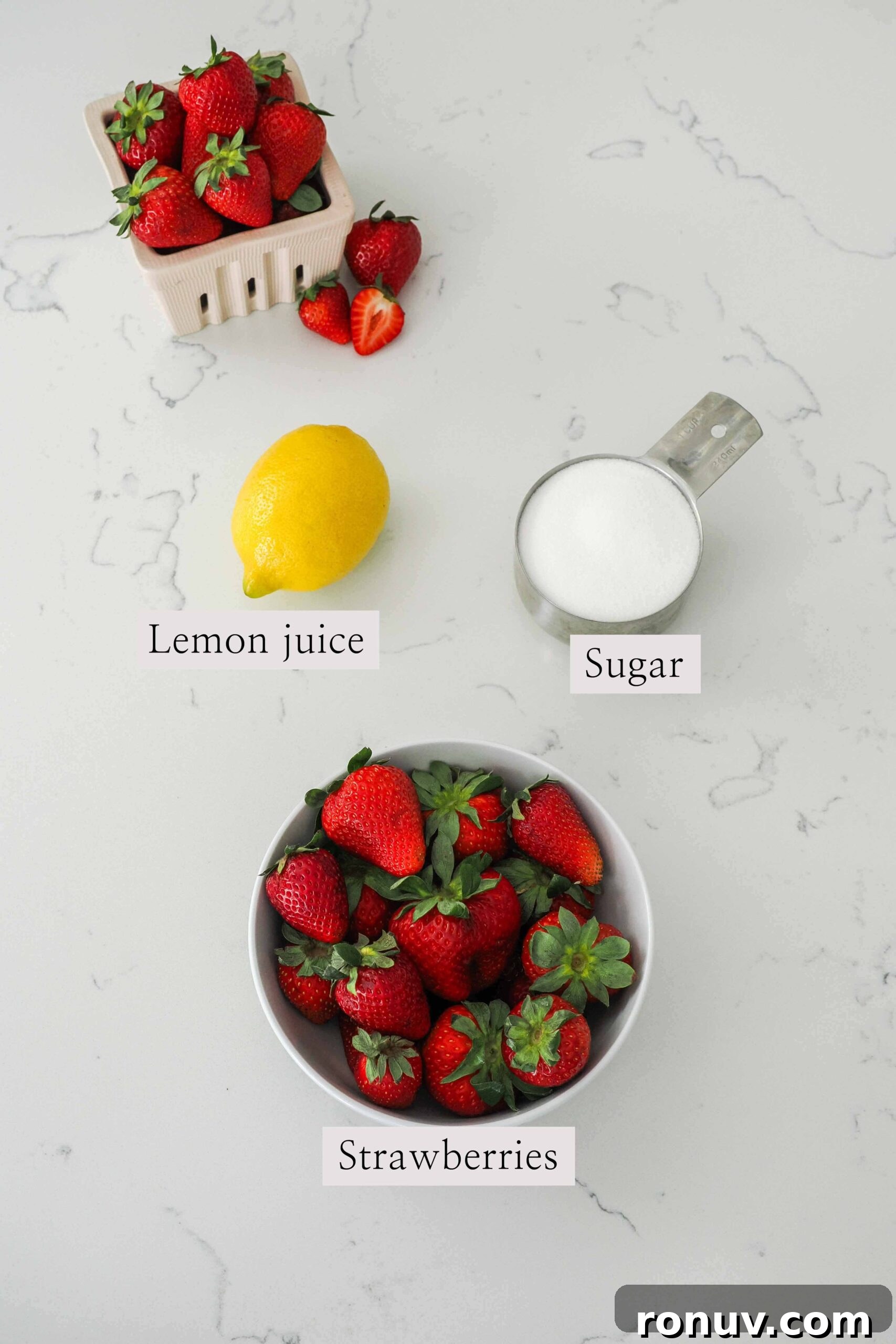 How to Make Small-Batch Strawberry Jam 3 Ingredients needed to make small batch strawberry jam on a counter.