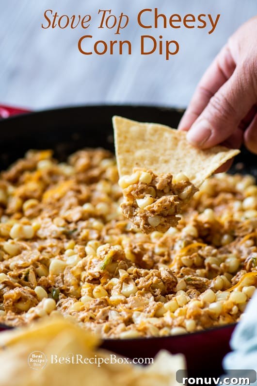 Stove Top Cheesy Corn Dip Recipe for Easy Dip Recipe with Cheesy | @bestrecipebox Stove Top Cheesy Corn Dip Recipe for Easy Dip Recipe with Cheesy in casserole with chips
