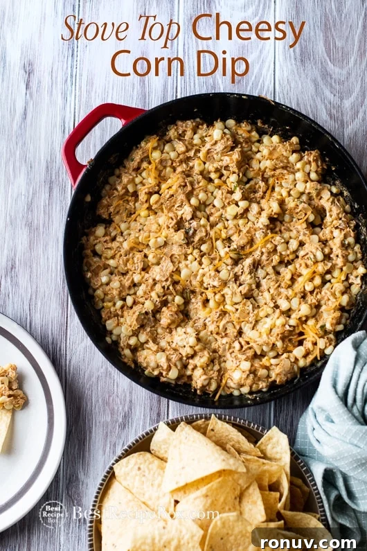Stove Top Cheesy Corn Dip Recipe for Easy Dip Recipe with Cheesy | @bestrecipebox Stove Top Cheesy Corn Dip Recipe for Easy Dip Recipe with Cheesy in casserole with chips