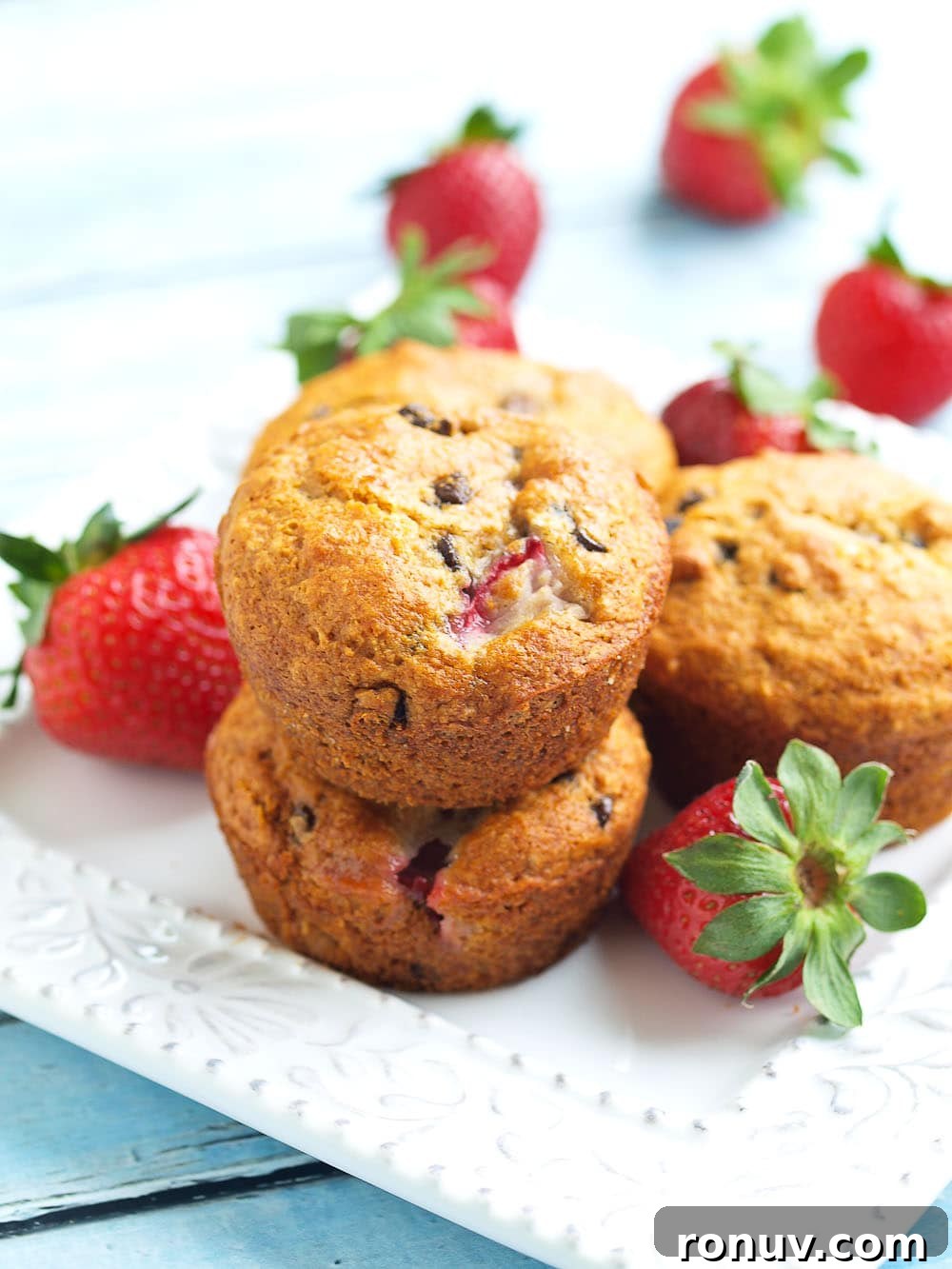 Fluffy Vegan Strawberry Chocolate Chip Muffins Recipe 2 Vegan. Whole grains. No refined sugar. Delicious. A perfect healthy muffin recipe!