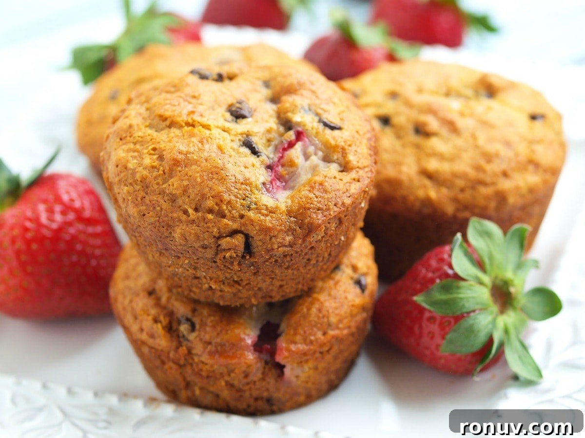 Fluffy Vegan Strawberry Chocolate Chip Muffins Recipe 4 Vegan. Whole grains. No refined sugar. Delicious. A perfect healthy muffin recipe!