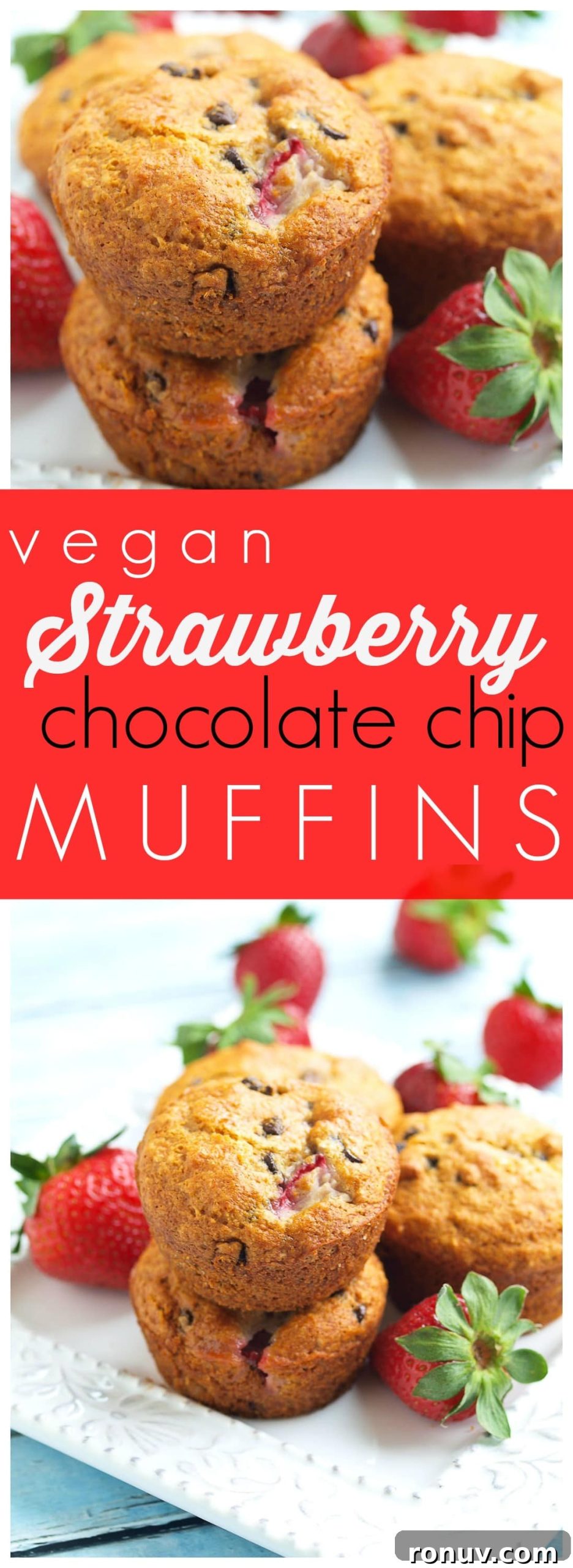 Fluffy Vegan Strawberry Chocolate Chip Muffins Recipe 5 Vegan. Whole grains. No refined sugar. Delicious. A perfect healthy muffin recipe!