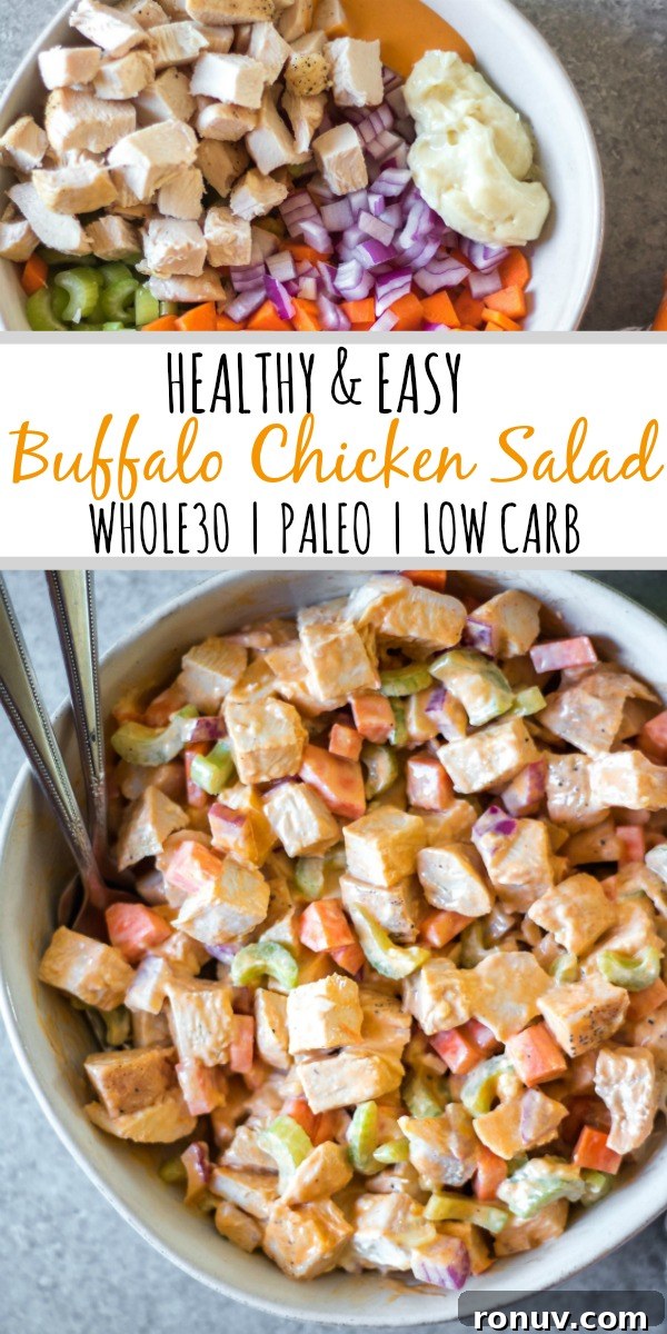 Buffalo Chicken Salad This healthy and easy buffalo chicken salad only takes a few simple ingredients, and is Whole30, paleo, low carb and gluten-free. It's got the perfect buffalo tang, while still being creamy and delicious! This recipe makes the perfect meal prep recipe, done in under 30 minutes, and that can be turned into many meals and enjoyed over greens, in wraps or straight out of the bowl. #whole30recipes #whole30chickenrecipes #ketochickenrecipes #chickensalad #buffalochicken #paleochickenrecipes #whole30mealprep
