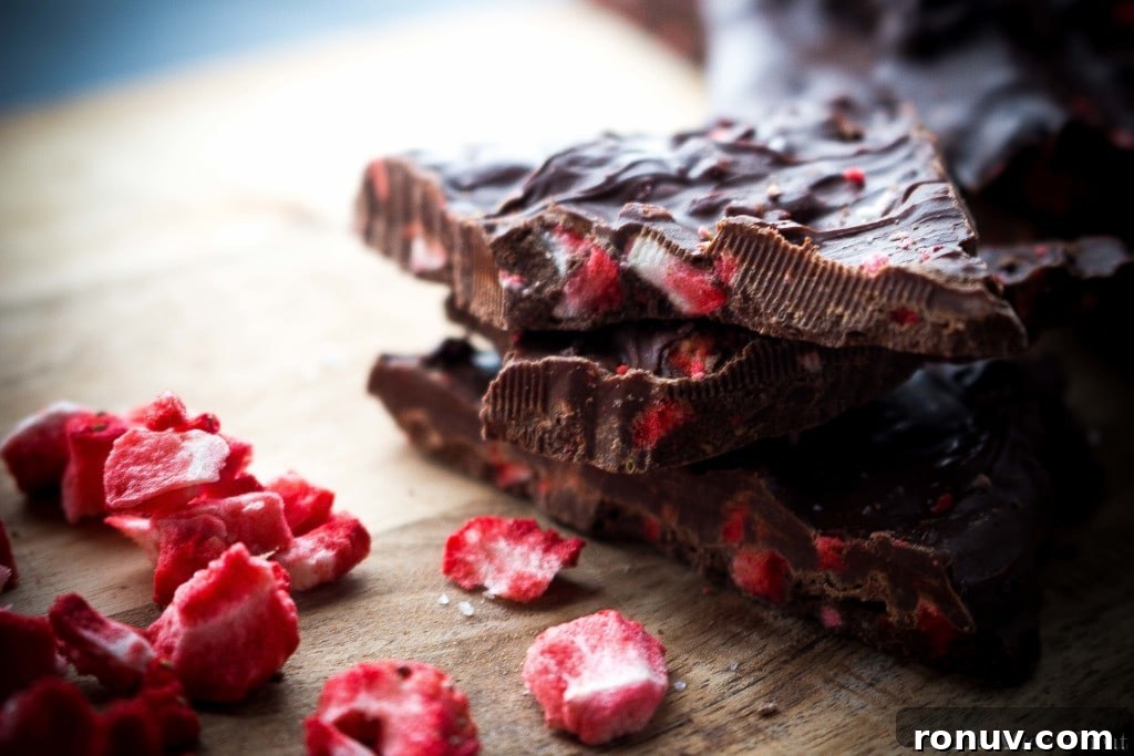 Chocolate-Covered Strawberry Bark with Freeze-Dried Strawberries 5 The elegance of chocolate dipped strawberries in an easy-to-make chocolate bark! Creamy melted chocolate is studded with crisp freeze dried strawberries and topped with Himalayan sea salt. It's a beautiful treat that is perfect for any occasion or holiday! Dairy free option.
