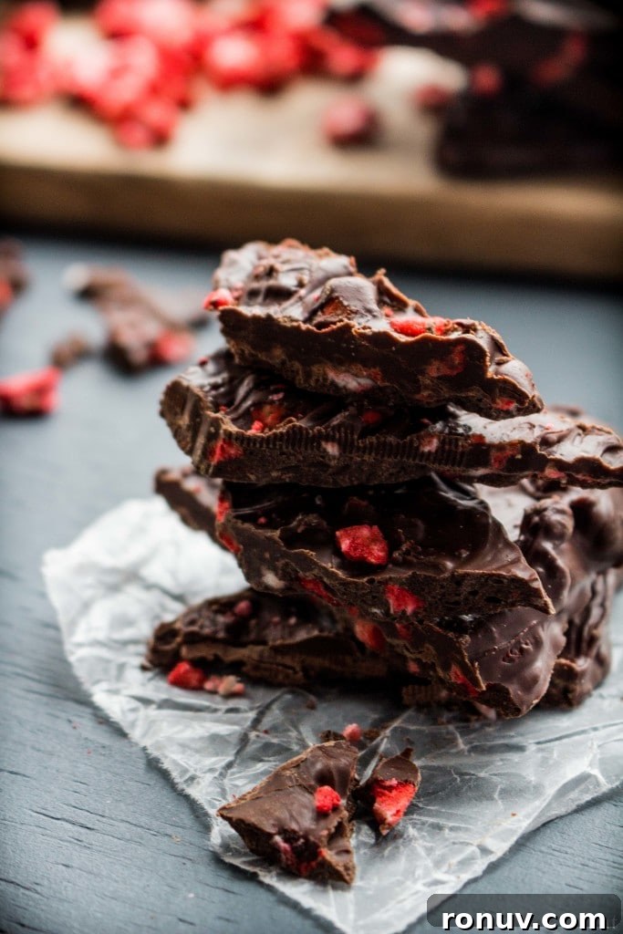 Chocolate-Covered Strawberry Bark with Freeze-Dried Strawberries 6 The elegance of chocolate dipped strawberries in an easy-to-make chocolate bark! Creamy melted chocolate is studded with crisp freeze dried strawberries and topped with Himalayan sea salt. It's a beautiful treat that is perfect for any occasion or holiday! Dairy free option.
