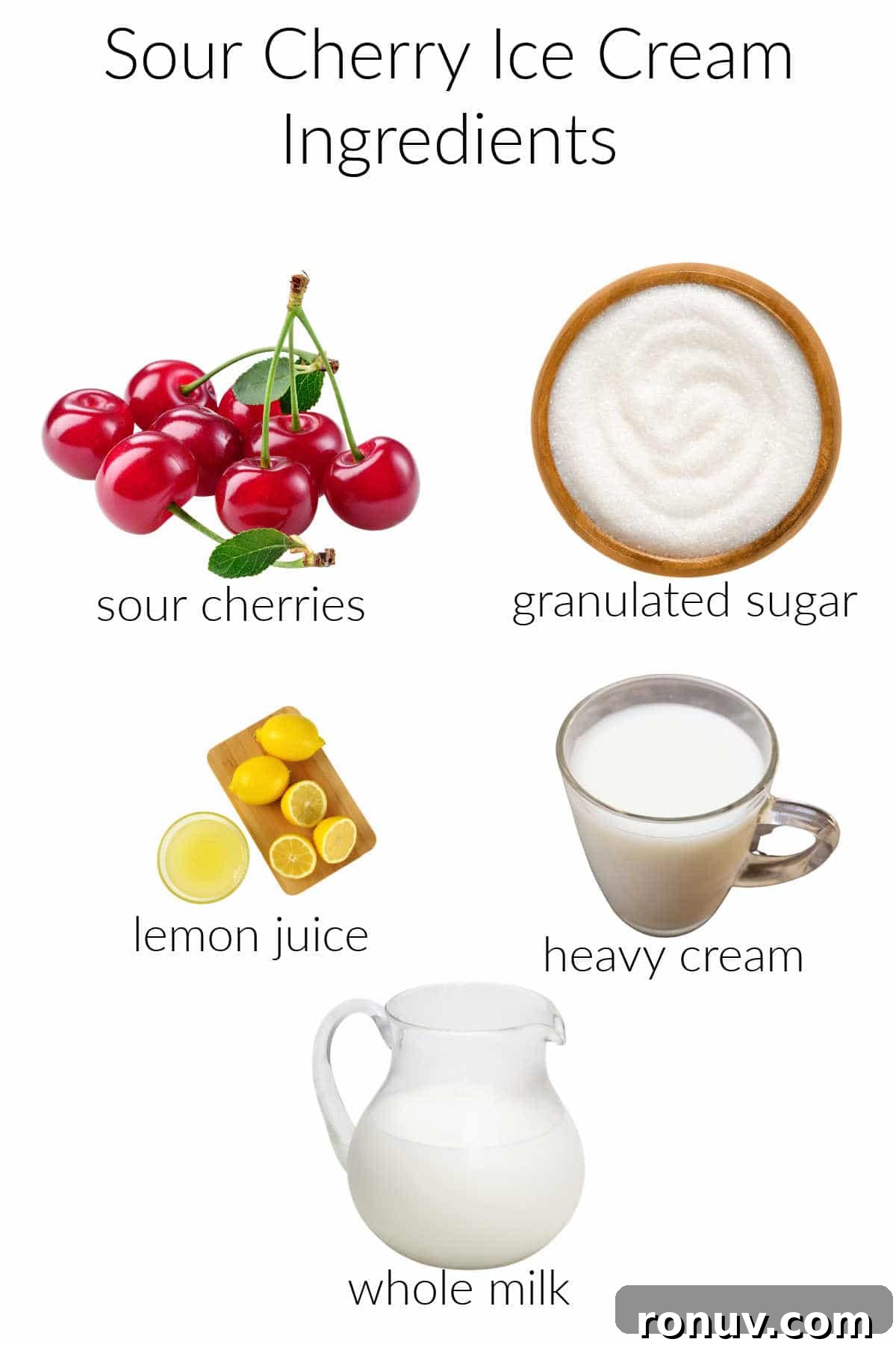 How to Make Tart Cherry Ice Cream 4 Collage of ingredients for making sour cherry ice cream.