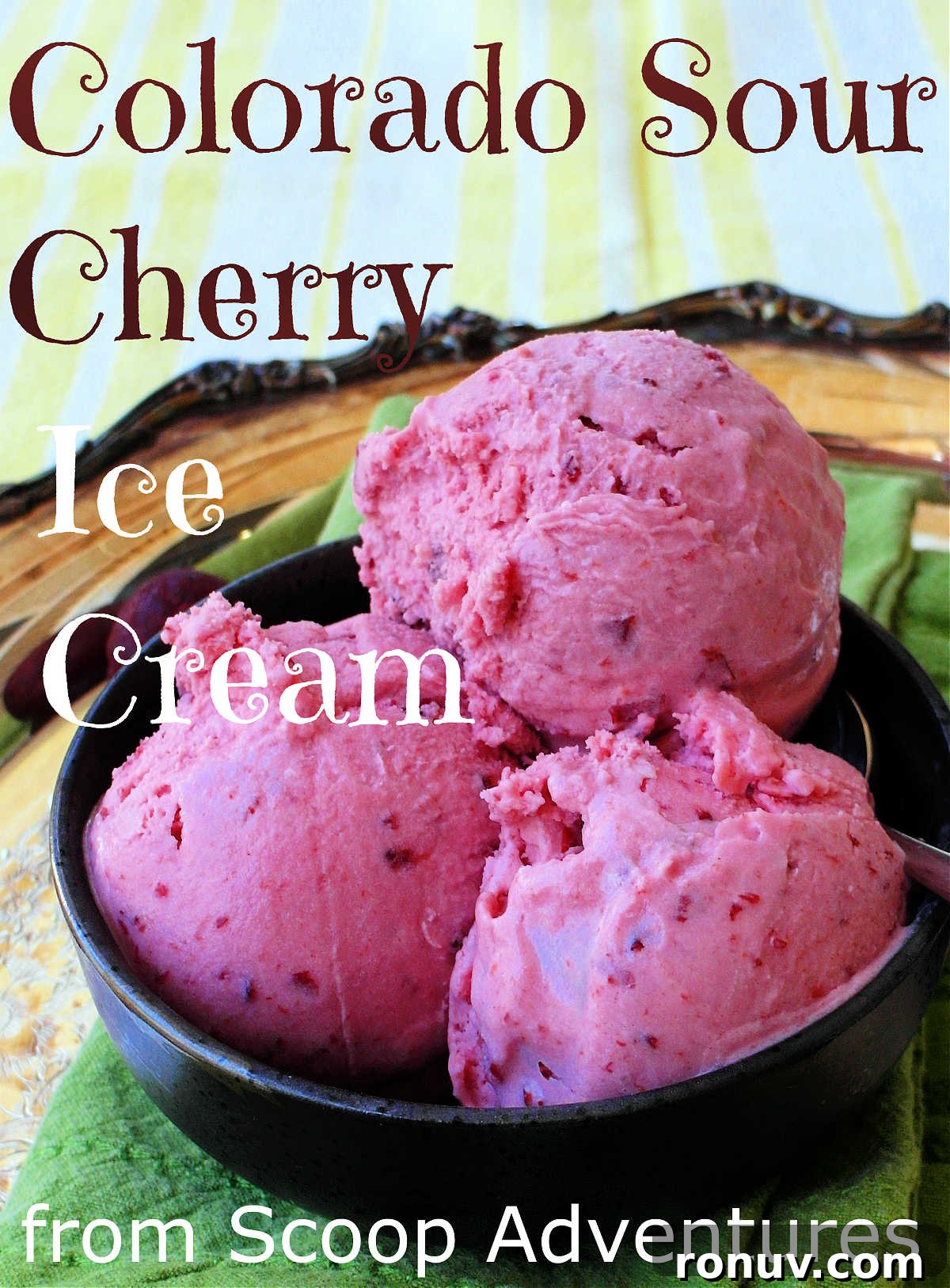 How to Make Tart Cherry Ice Cream 5 3 scoops of ice cream in a bowl. Text reads "Colorado sour cherry ice cream from Scoop Adventures"