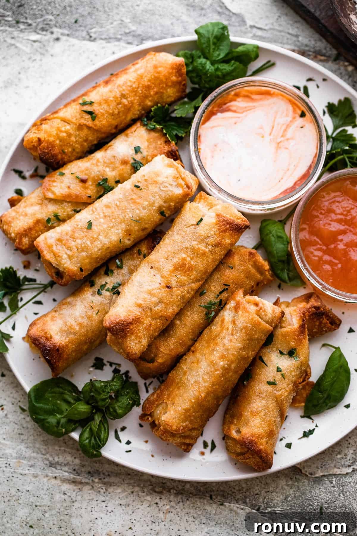 Crispy Golden Vegetable Spring Rolls with Sweet Chili Sauce 6 A plate of spring rolls with dipping sauce.