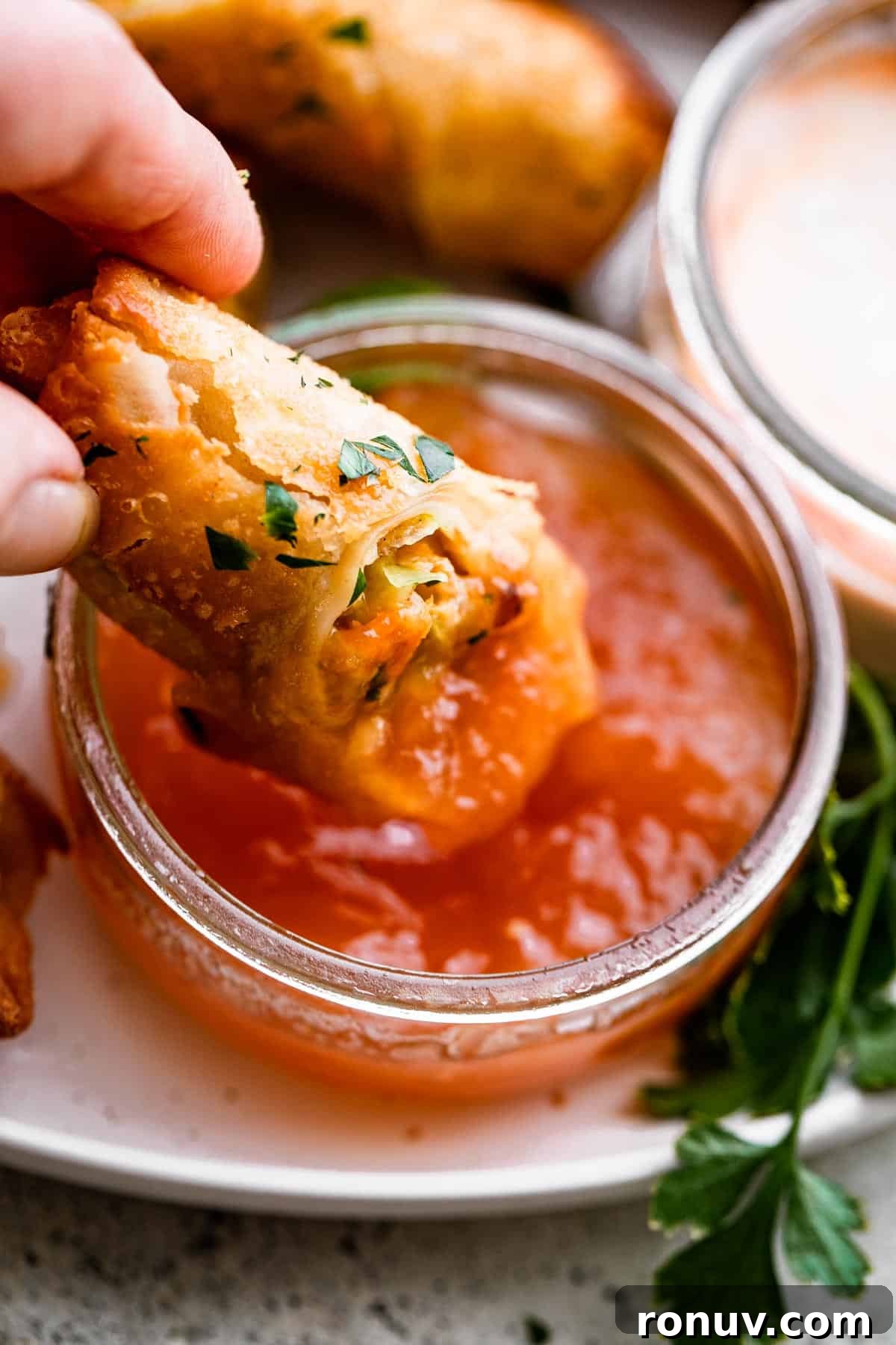 Crispy Golden Vegetable Spring Rolls with Sweet Chili Sauce 9 A small plate of spring rolls and dipping sauce, with one spring roll partially dipped in the sauce.