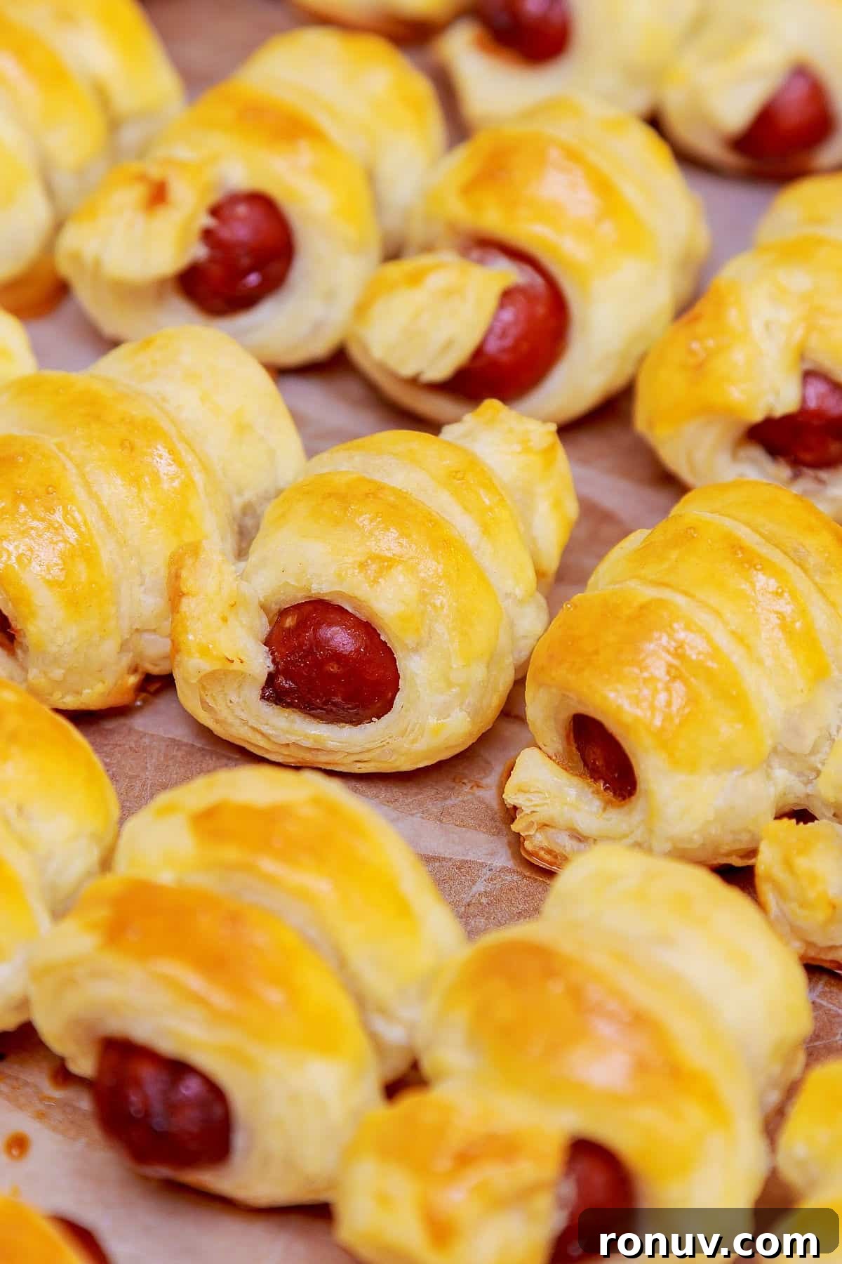Crispy Air Fryer Pigs in a Blanket Recipe 4 A close up of pigs in blankets.
