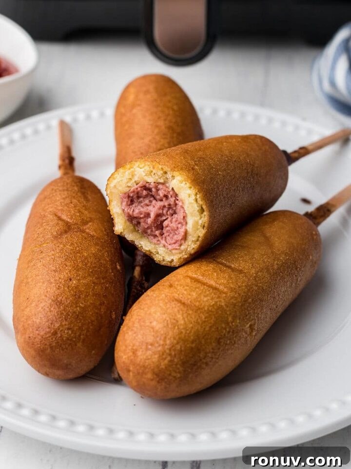 air fryer corn dogs in a pile on a plate