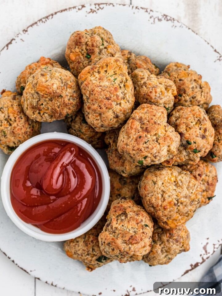 Close up overhead shot of air fryer sausage balls on a plate with ketchup.