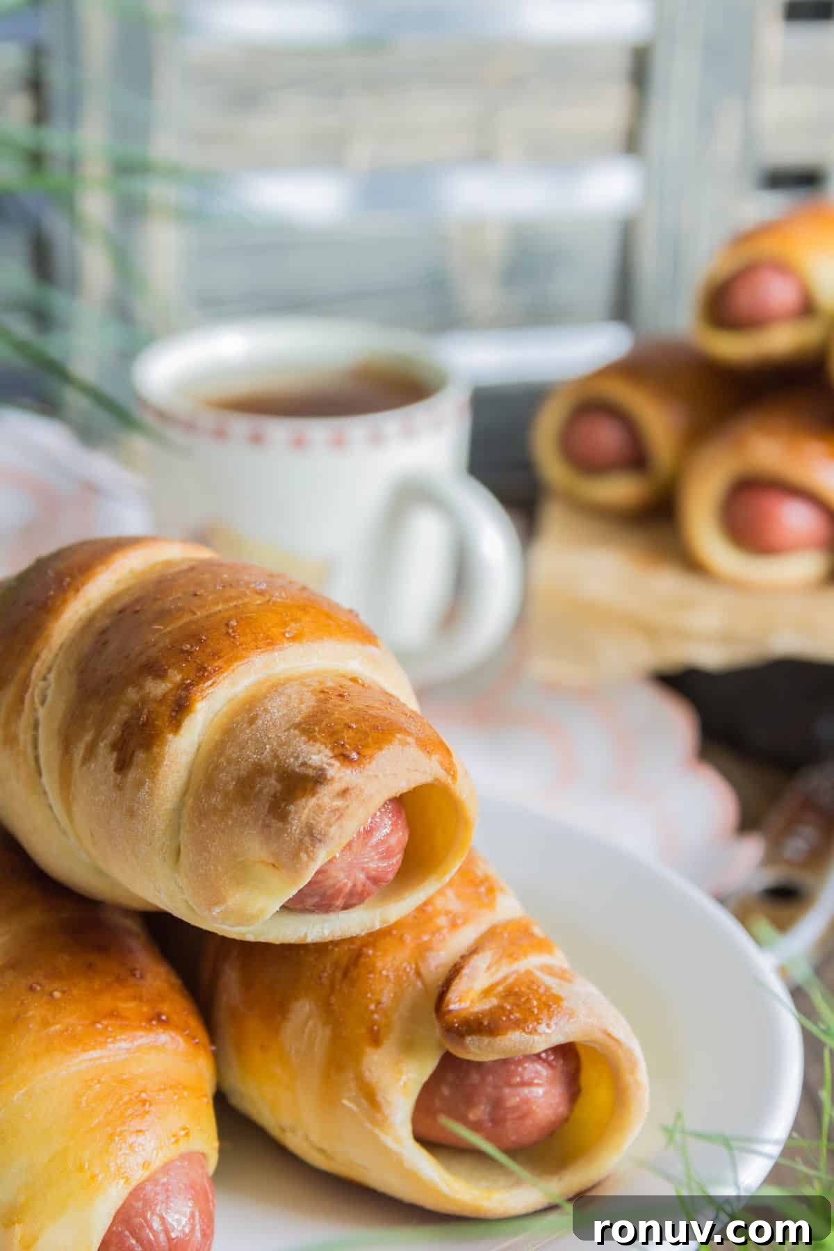Crispy Air Fryer Pigs in a Blanket Recipe 9 A dish with pigs in blankets stacked up.