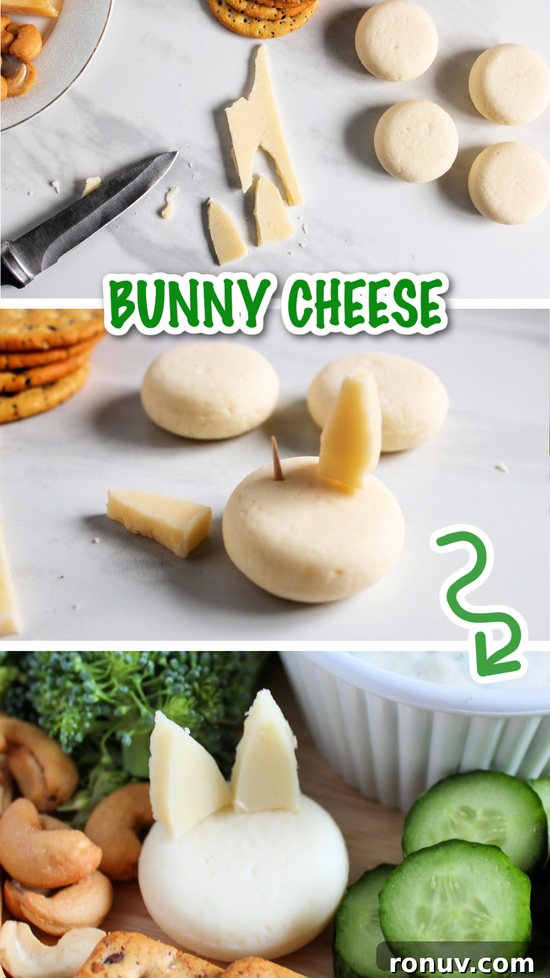 DIY Adorable Easter Charcuterie Board Ideas 6 Step-by-step collage showing how to make bunny-shaped cheeses