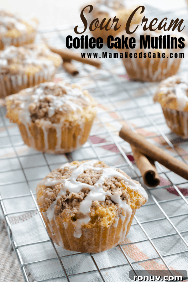 Sour cream coffee cake muffins. Delicious sour cream coffee cake muffins with streusel and glaze.